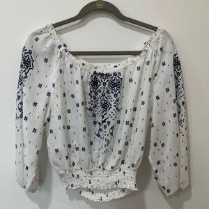 H&M White and Navy Patterned Blouse
